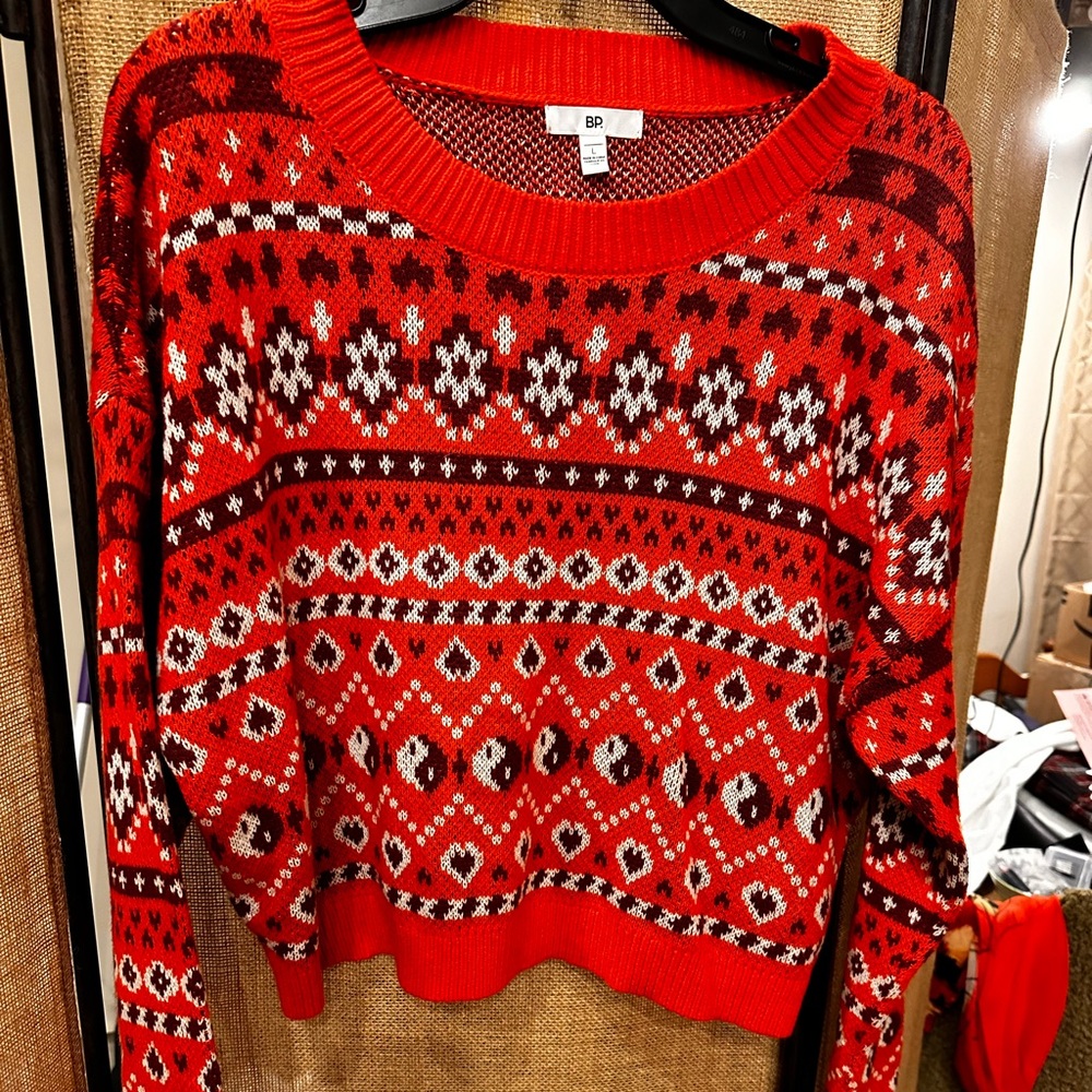 BP Red with Pattern Sweater Size L. 60% Cotton 40% Acrylic. PtP 25” Length 23”